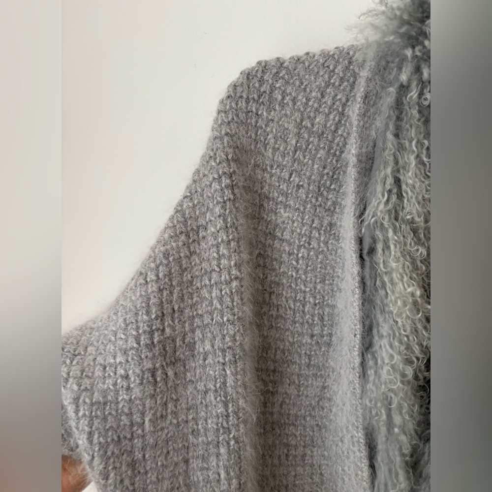 Wool Blend Cardigan Coat With Removable Mongolian Fur Collar Gray Size L - Picture 4 of 13